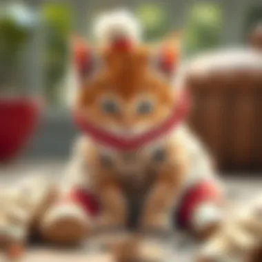 A playful kitten exploring its surroundings in a cute outfit.