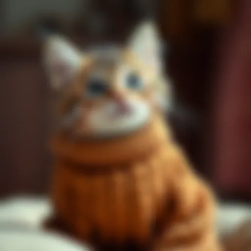 A stylish kitten wearing a cozy sweater, showcasing pet fashion.