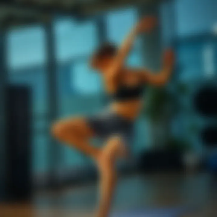 A fitness enthusiast demonstrating flexibility in a yoga skort during a workout session.