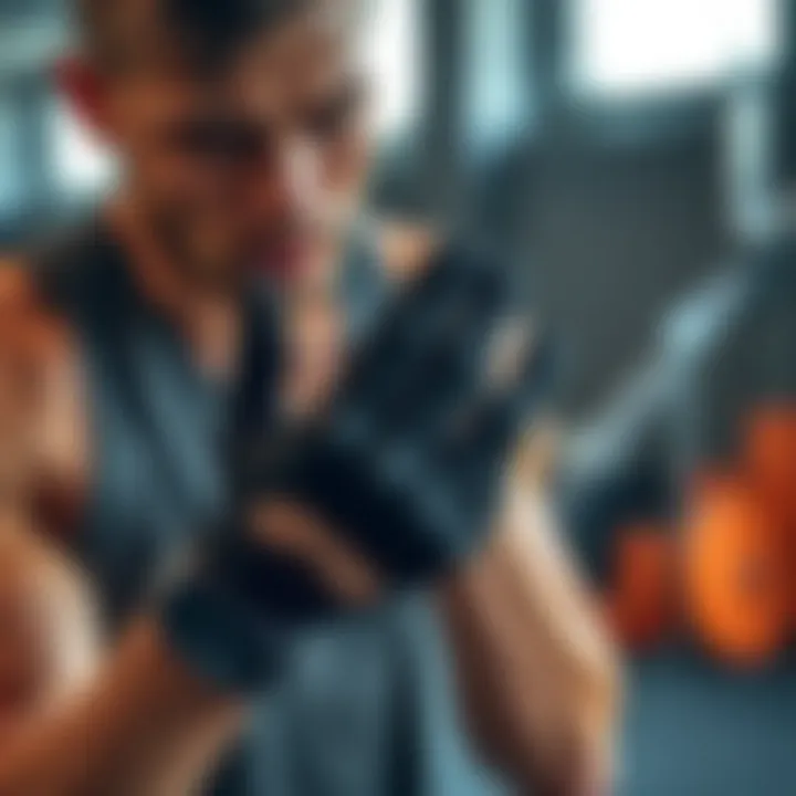 An athlete adjusting gloves before an intense workout session
