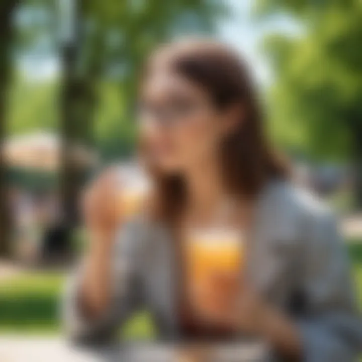 Person enjoying a drink with a silicone cup cover and straw in a park