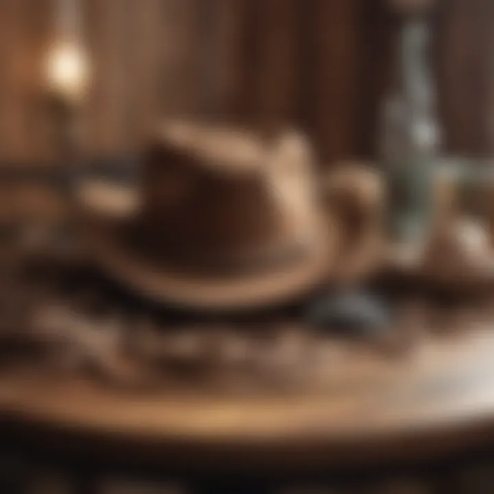 Elegant center table featuring vintage cowboy hats and rope decor