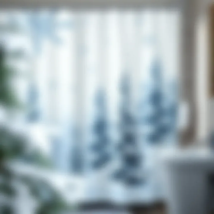Elegant winter-themed shower curtain featuring snowflakes and pine trees