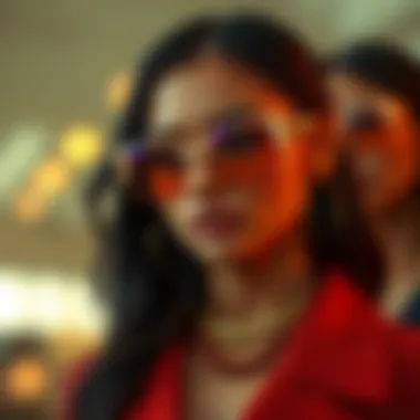 Fashion ensemble complemented by oversized gold frames