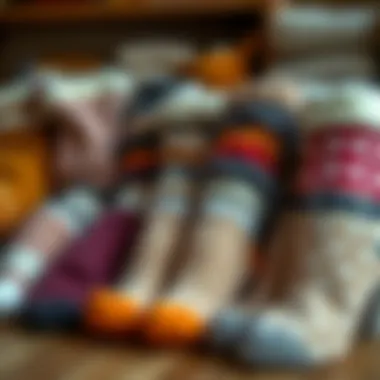 Variety of stylish fluffy wool socks arranged artistically