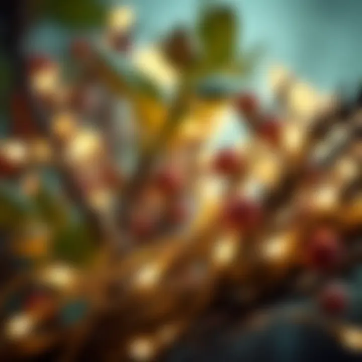 Close-up of fairy lights wrapped around natural elements