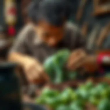 An artist meticulously carving jade into an elephant shape