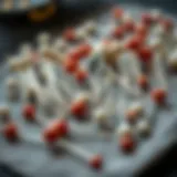 A close-up view of various large head sewing pins displayed on a fabric swatch.