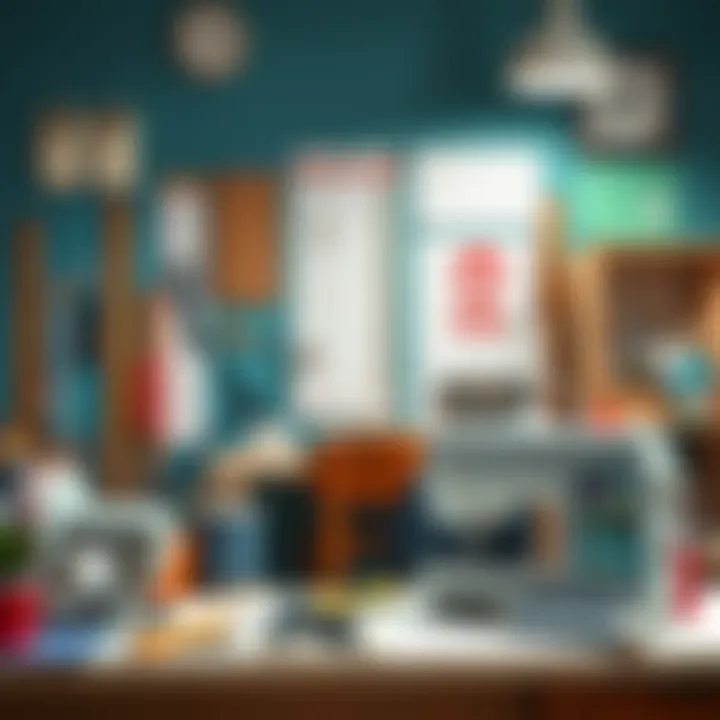 A creative sewing workspace featuring a variety of measure boards.