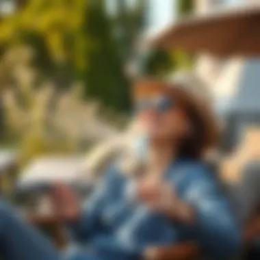 User enjoying a personal fan water mister outdoors