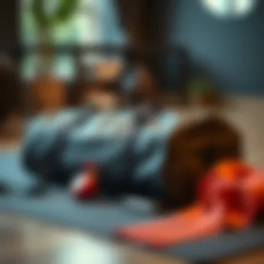 Stylish Pilates mat bag resting on a yoga mat with accessories