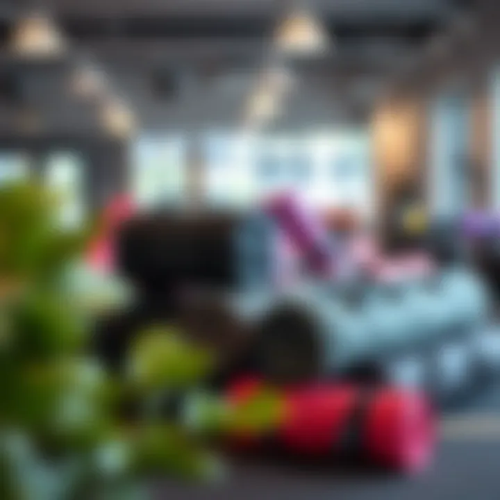 Variety of Pilates mat bags displayed in a fitness studio