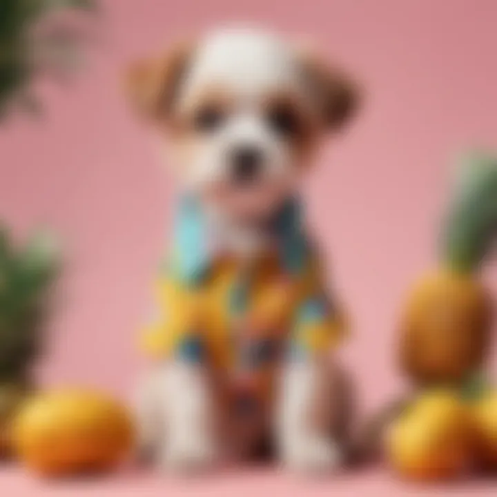 A playful puppy wearing a colorful pineapple shirt, showcasing the trendy fusion of pet love and fashion.