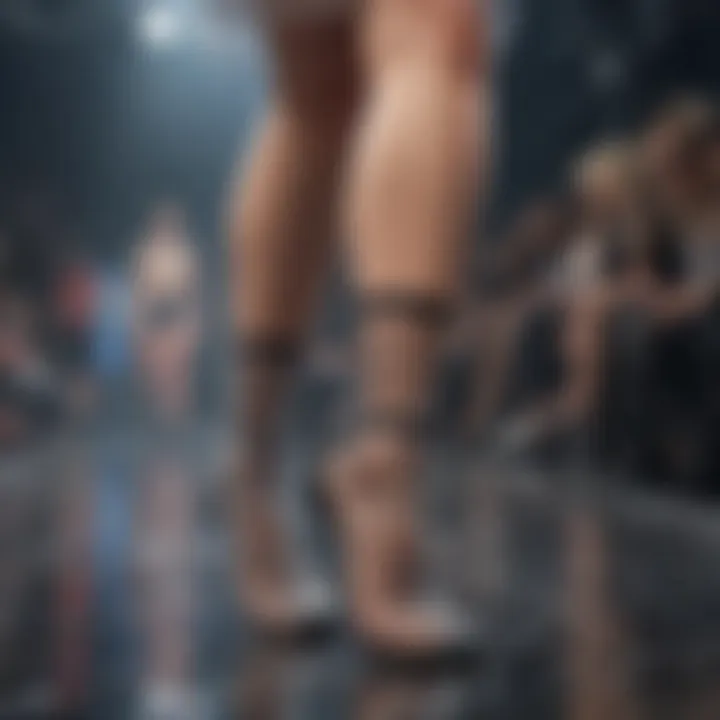 Fashion runway featuring models wearing rhinestone fishnet socks