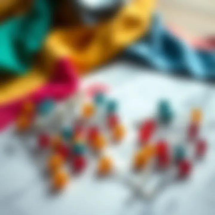 Inspiration: Sewing Pins and Design Sketches An arrangement of sewing pins on a designer's sketch with colorful fabric samples.