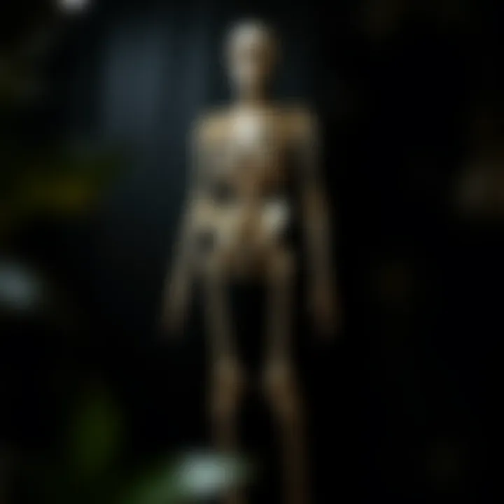 The Allure of the Skeleton Jumpsuit A striking skeleton jumpsuit displayed on a mannequin against a dark backdrop