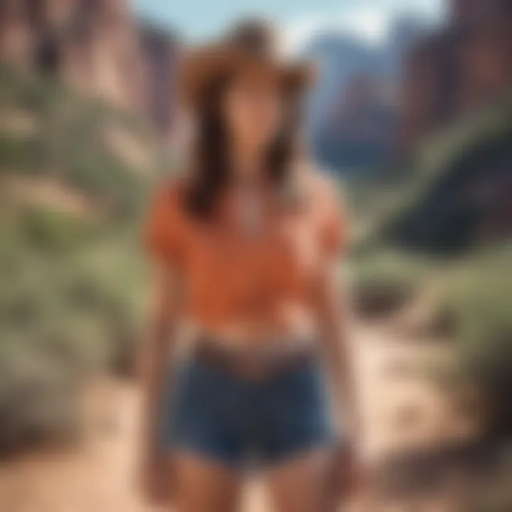 A model showcasing cowgirl shorts in an outdoor Western setting