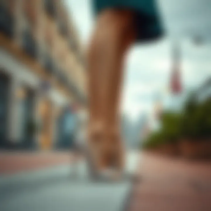 A fashion-forward individual showcasing glitter open toe heels in an urban setting
