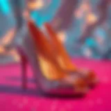 A dazzling pair of glitter open toe heels on a vibrant background