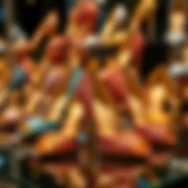 Stylish display of various glitter open toe heels arranged aesthetically