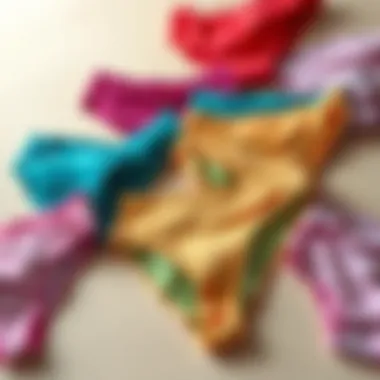 An array of colorful belly panties displayed creatively on a neutral background