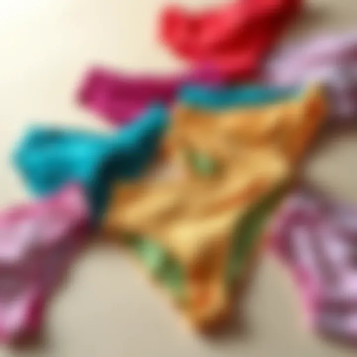 An array of colorful belly panties displayed creatively on a neutral background