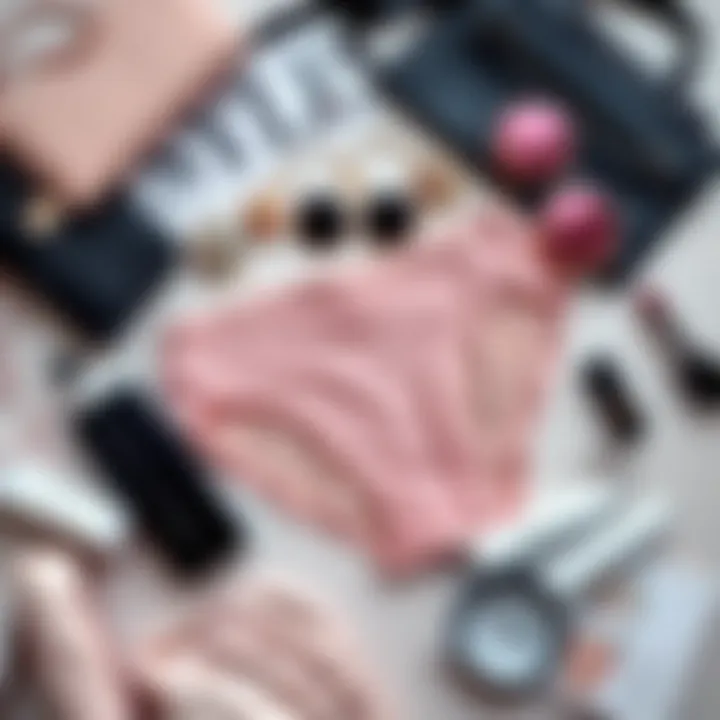 A stylish flat lay featuring belly panties, accessories, and high-fashion elements