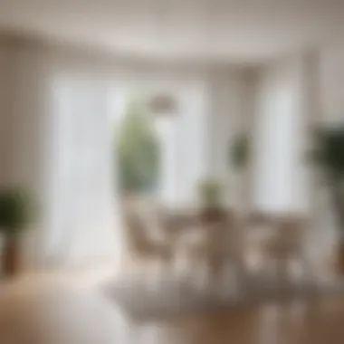 Modern dining area decorated with white crinkle curtains, creating an inviting ambiance.