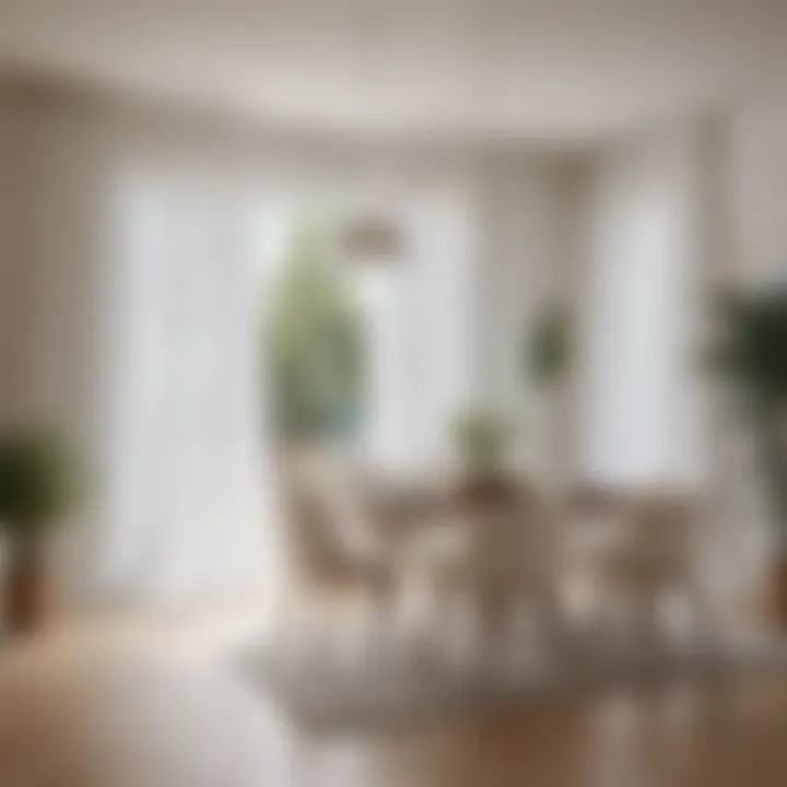 Modern dining area decorated with white crinkle curtains, creating an inviting ambiance.