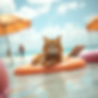 A playful scene of a cat enjoying a floatie at the beach
