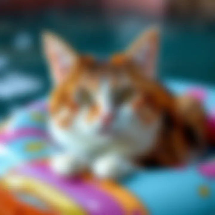 Close-up of a beautifully designed cat floatie with vibrant colors