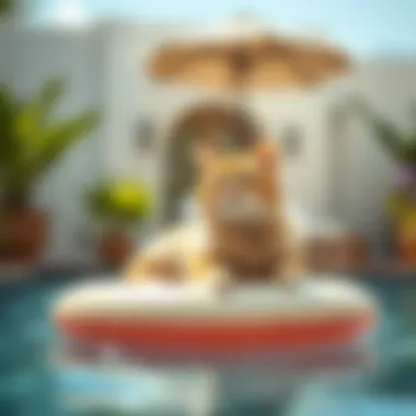 A cat lounging on a floatie in a luxurious pool setting