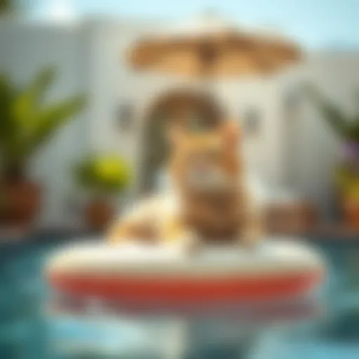 A cat lounging on a floatie in a luxurious pool setting