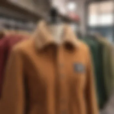 A stylish corduroy fleece jacket displayed on a mannequin in a trendy boutique.