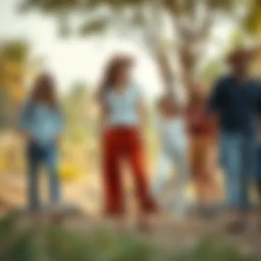 An outdoor setting where individuals wear side split hem pants during a casual gathering.