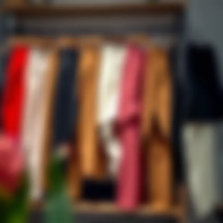 An array of side split hem pants in different styles and colors displayed on a rack.