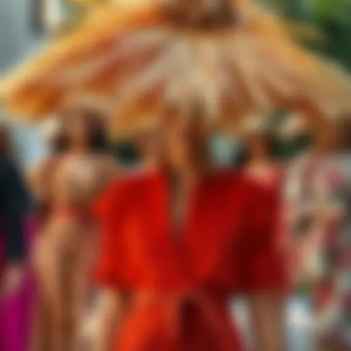 A vibrant display of fashion pieces incorporating artificial palm thatch.