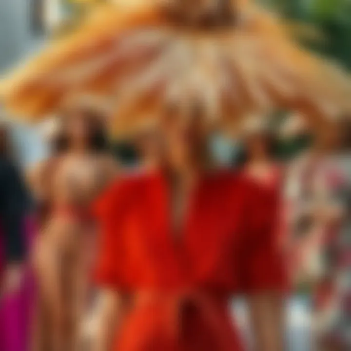 A vibrant display of fashion pieces incorporating artificial palm thatch.