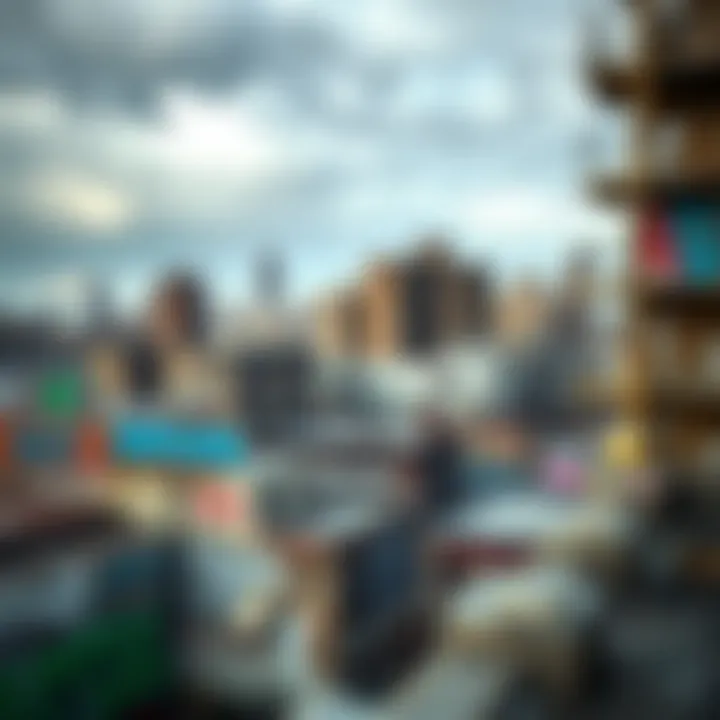 A rooftop view of a cityscape filled with graffiti-covered buildings