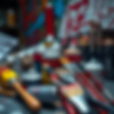 A close-up of spray paint cans and brushes used for graffiti art