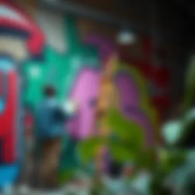 A street artists working on a large wall canvas with vibrant colors