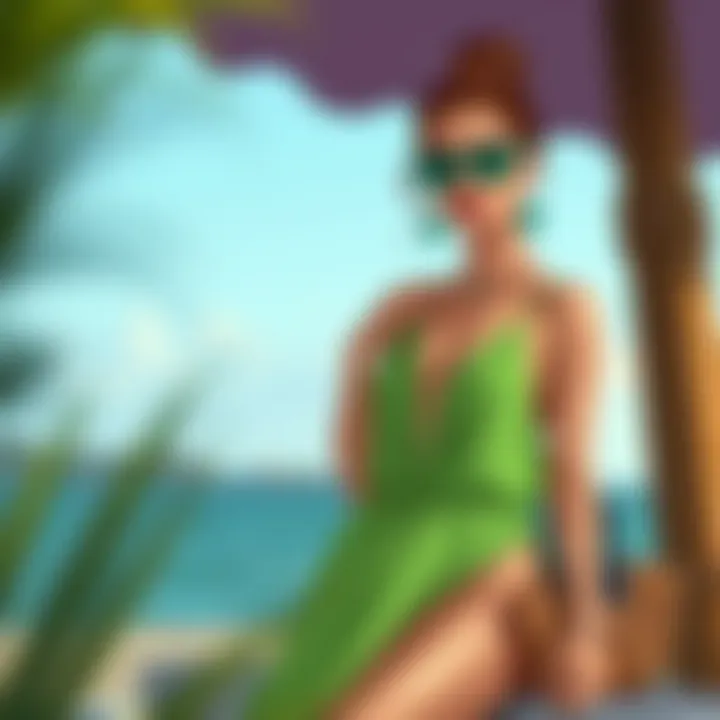 Fashionable green bathing suit cover up paired with accessories