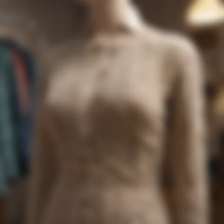 A vintage knee length cardigan displayed on a mannequin, showcasing its intricate knit pattern and buttons.