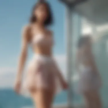 Fashionable sheer bathing suit skirts displayed in a contemporary setting