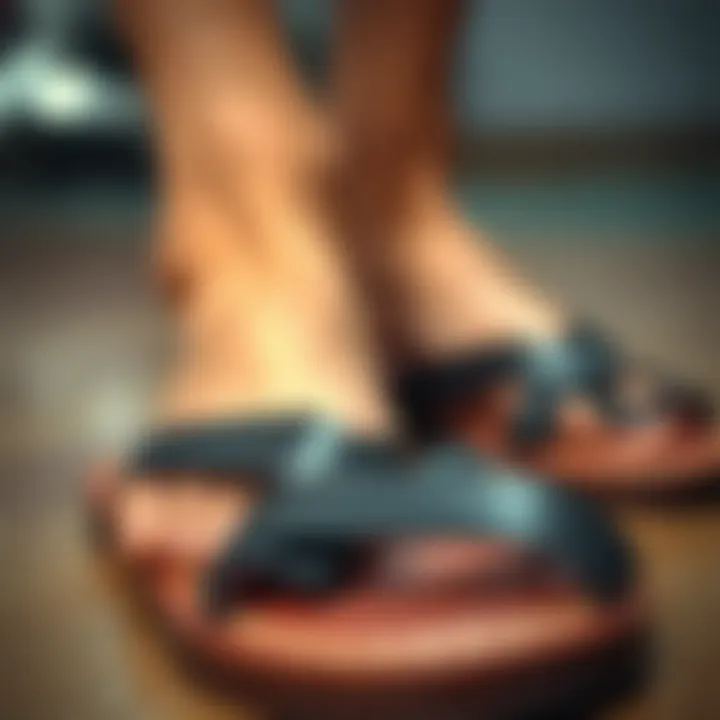 Close-up of black leather flat sandals showcasing intricate details