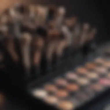 A close-up of a tiered beauty organizer featuring makeup brushes and palettes