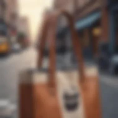 Tote Bag in Urban Lifestyle A stylish tote bag showcasing a built-in coffee cup holder in an urban setting