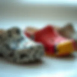 A close-up view of bubble clogs showcasing unique material textures and patterns.