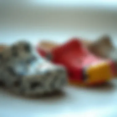 A close-up view of bubble clogs showcasing unique material textures and patterns.