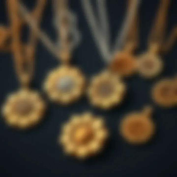 Different styles of engraved sunflower necklaces arranged aesthetically